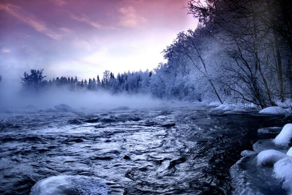 Winterlandschaft. der Fluss und der verschneite Wald