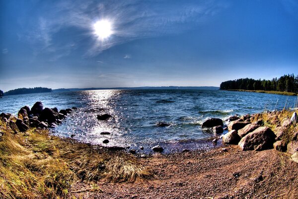 Panoramic photo of lake, forest and sky