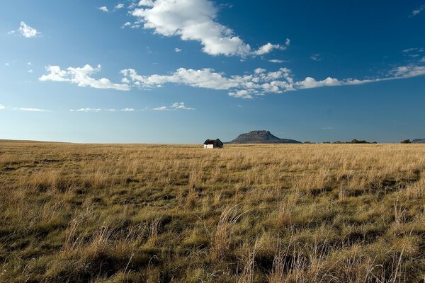 Una casa solitaria en medio de un campo y nubes