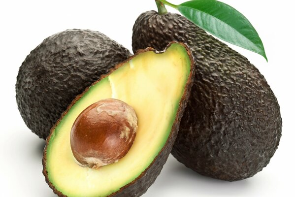 Drei Avocados mit einem Blatt auf weißem Hintergrund