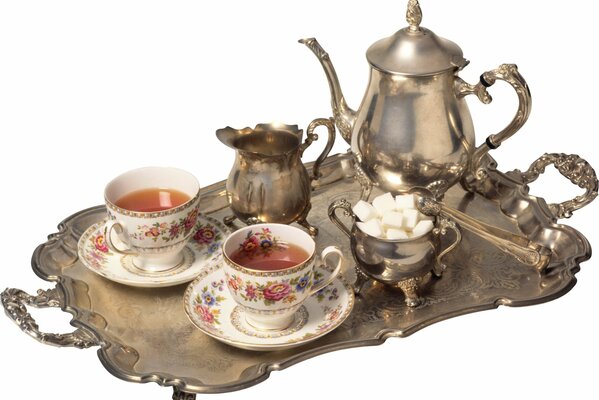 Tea set on a silver tray