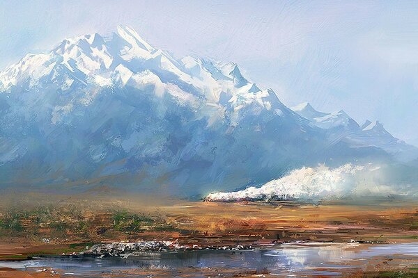 Pittura A Olio di belle montagne innevate