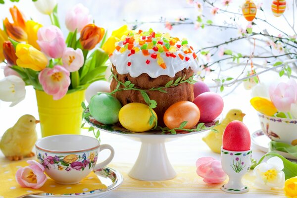 Easter table with cake and eggs