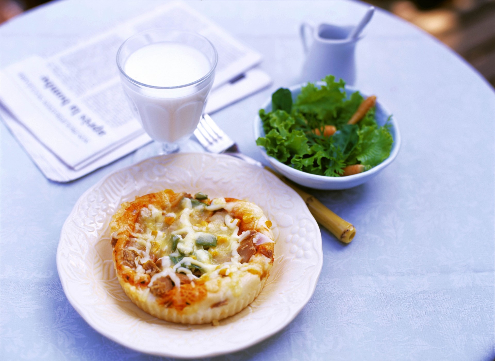 breakfast baking plate green the fork food milk newspapers glass table