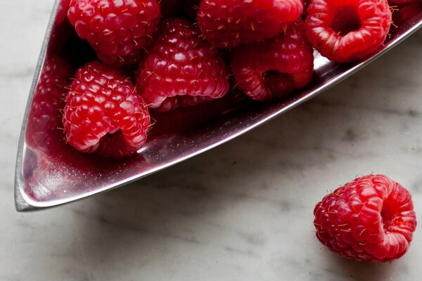 Fresh red raspberries in a metal saucer