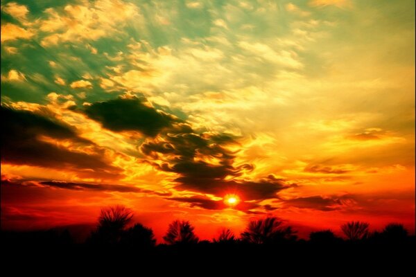 Le coucher de soleil pourpre brillant a illuminé tout le ciel