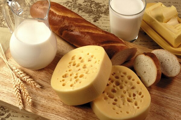 Dairy products and bread still life