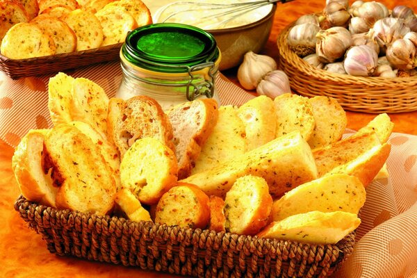 Pieces of bread in a basket on the table.