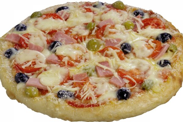 Pizza with olives meat and tomatoes