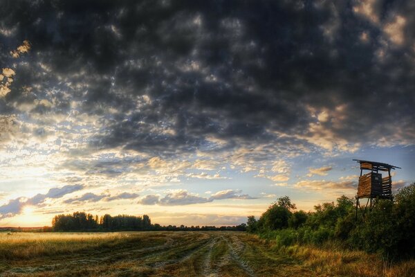 Rustikales Feld in den Wolken am Abend