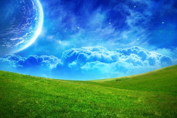 A blue planet on a green meadow