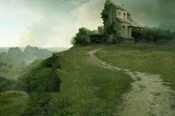 La maison est sur une falaise. Paysage sombre