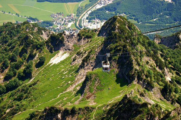 Suspended cable car in the mountains