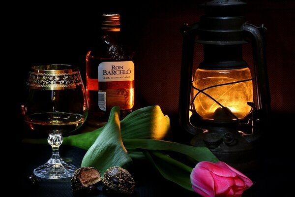 Still life with tulip and rum