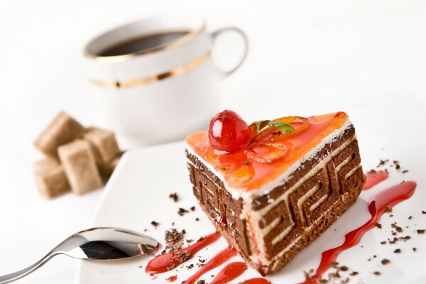 Delicious breakfast with coffee and cake