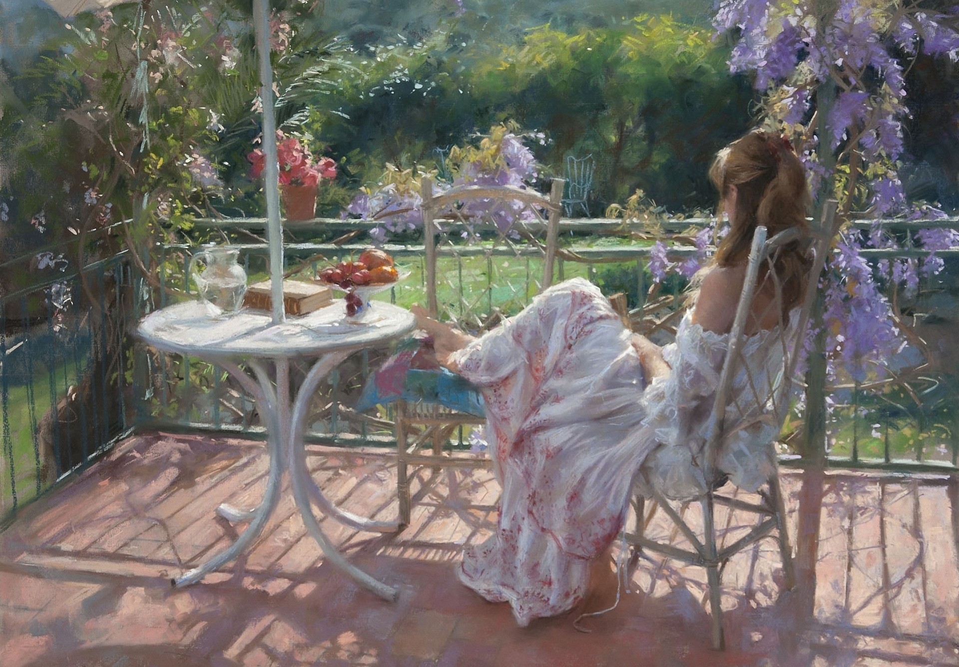 pittura ragazza frutta libro fiori tempo libero soleggiato veranda giardino