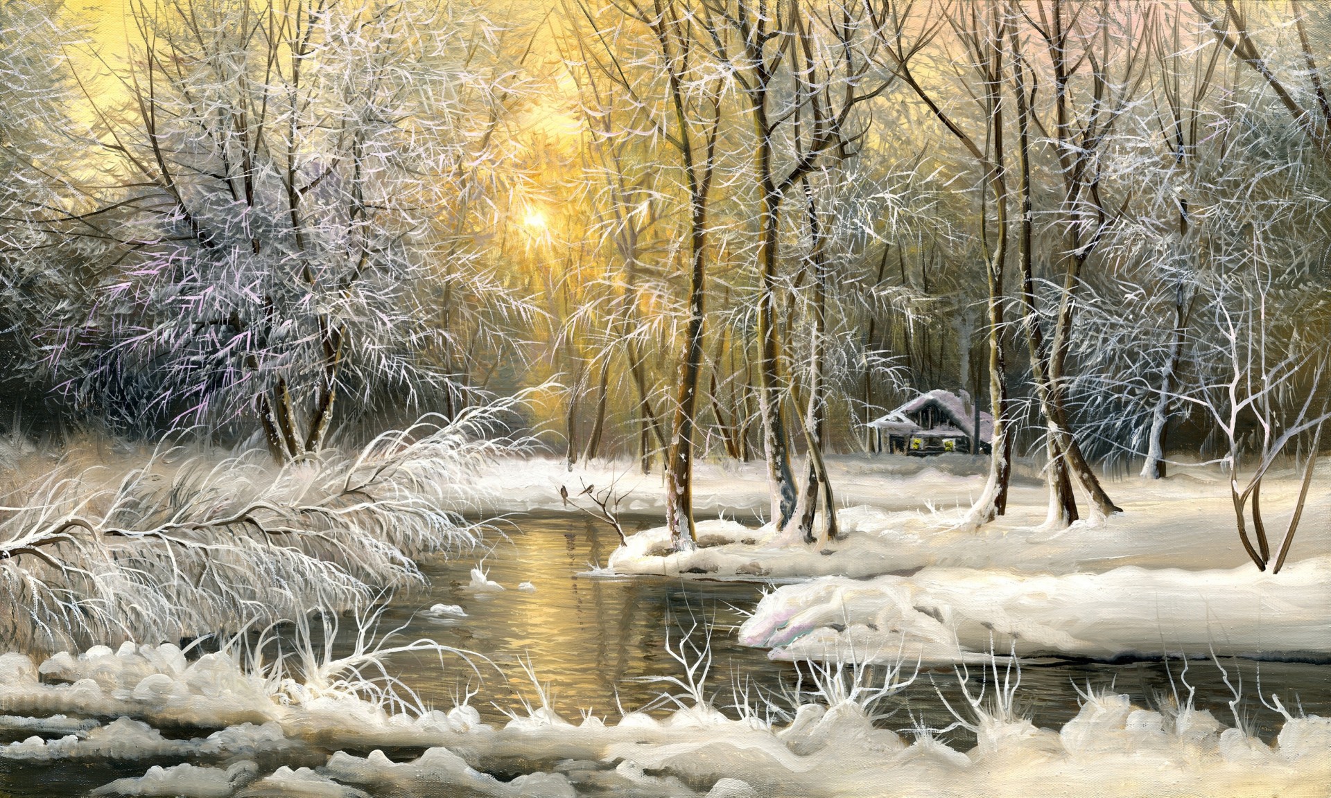 peinture froid arbres neige maison huile hiver