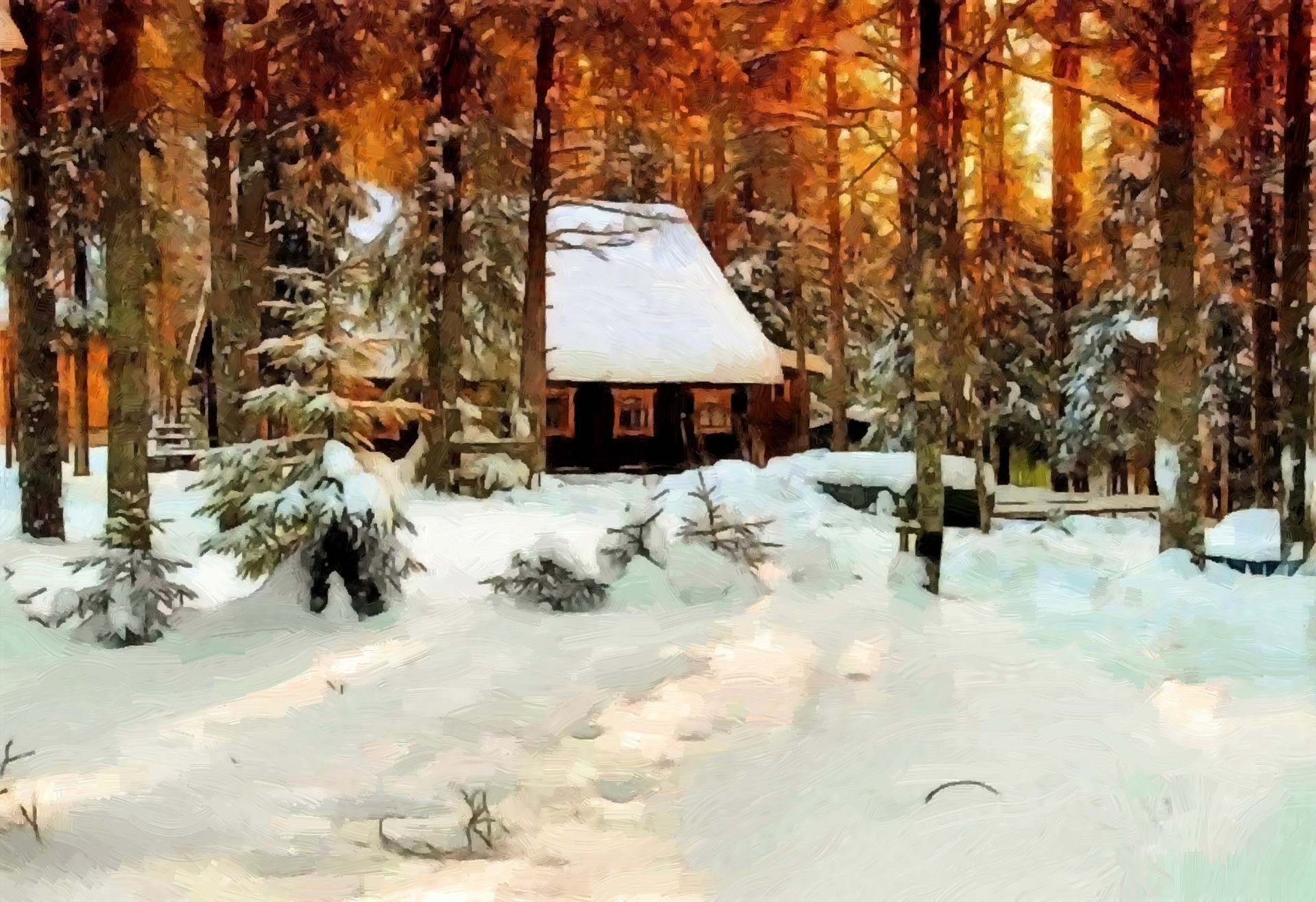 tela pittura olio alberi foresta casa neve inverno