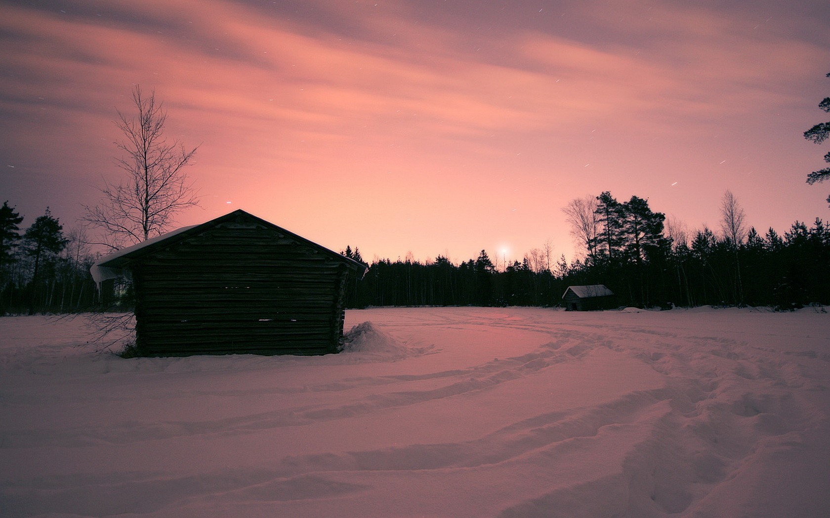 hiver neige maison coucher de soleil