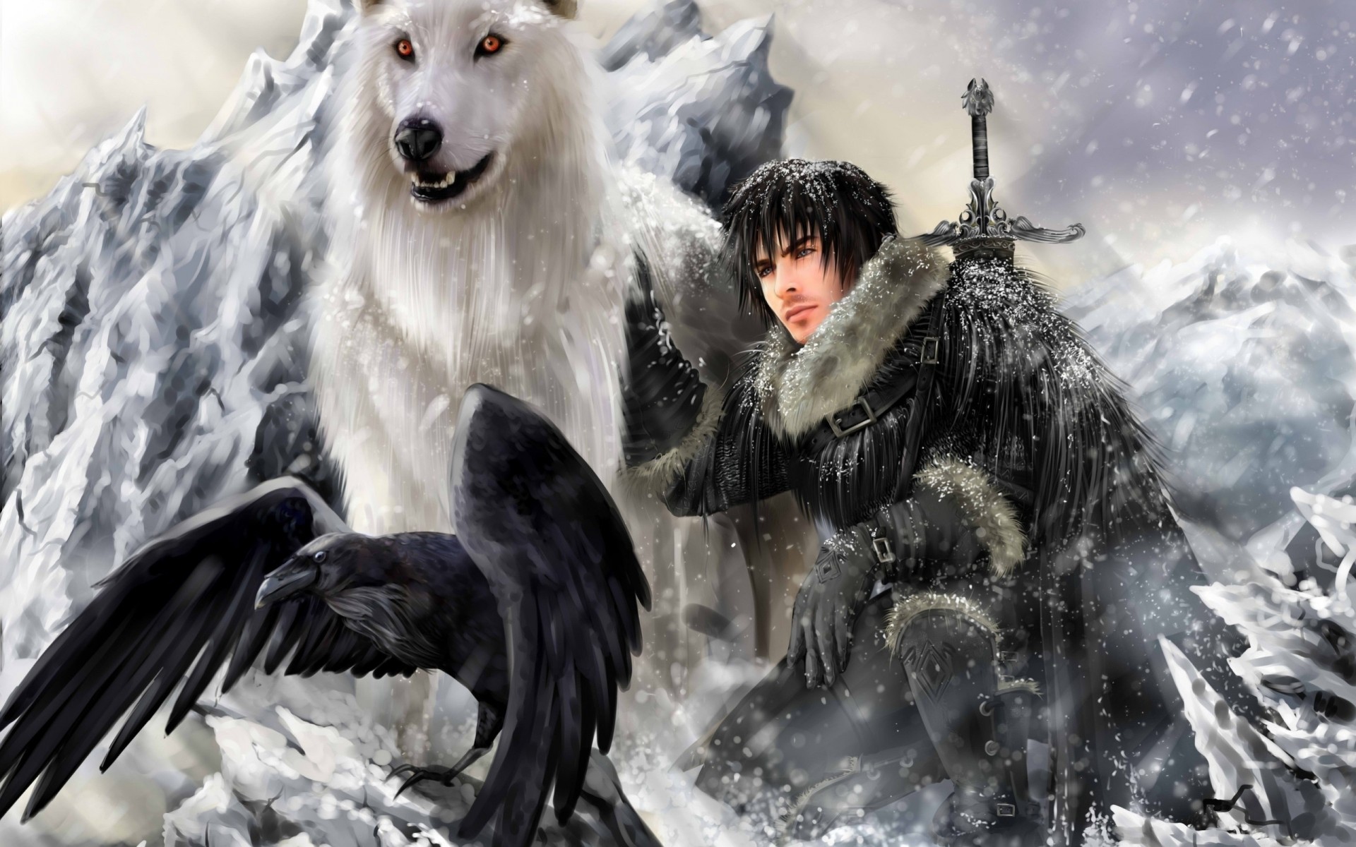 pájaros nieve jon nieve montañas guerreros espadas cuervos fantasma razas juego de tronos direwolf