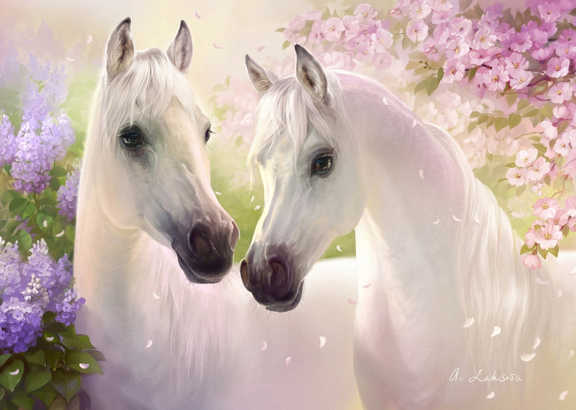 art printemps fleurs chevaux lilas couple sakura blanc pétales