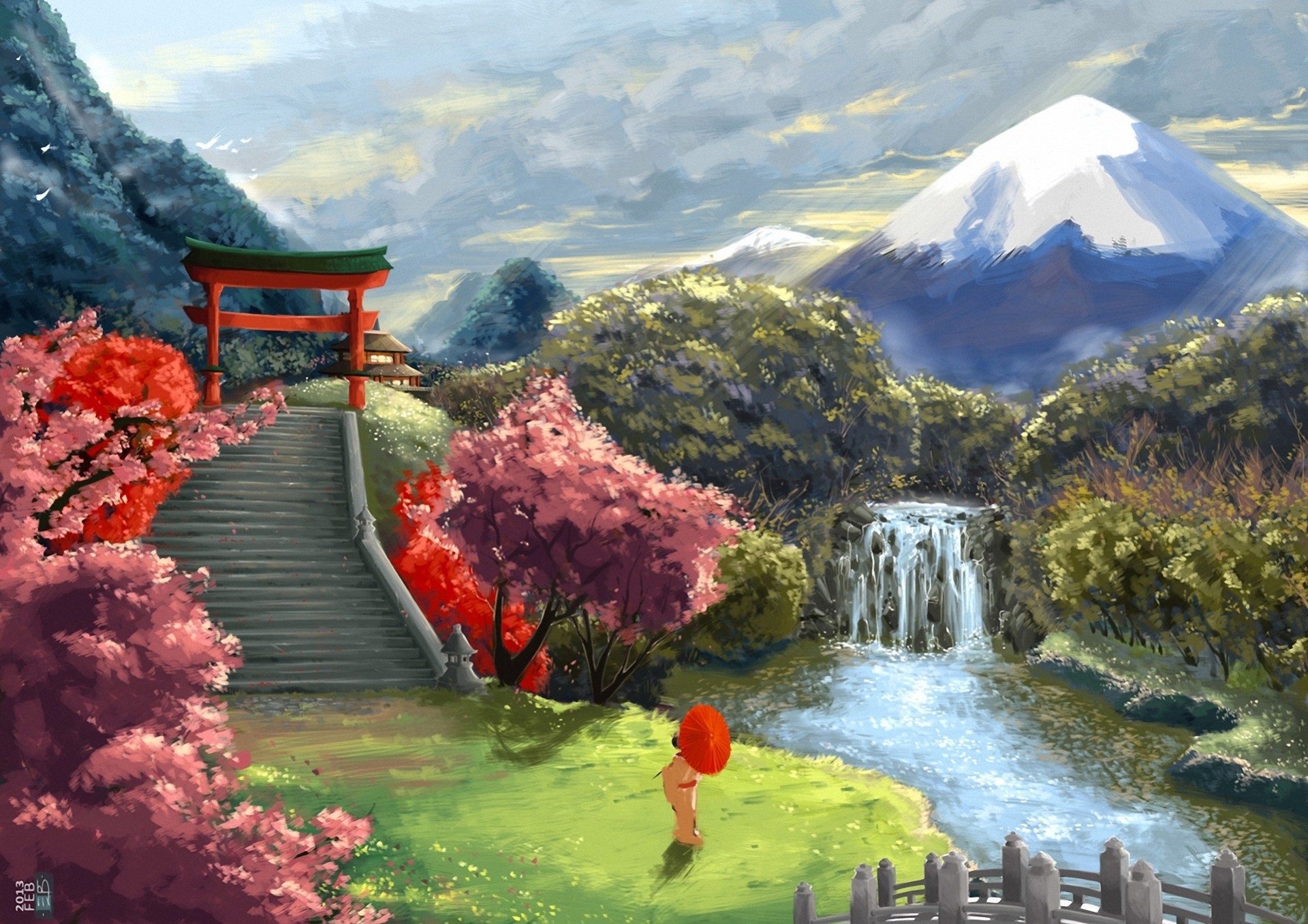 art paysage cascade rivière asie parapluie montagne sakura geisha escalier porte