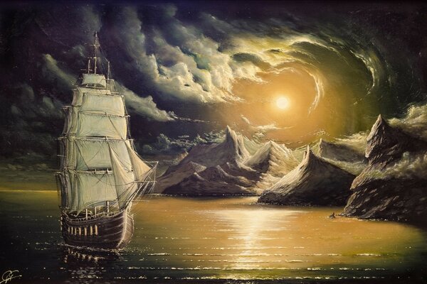 Illustration of a ship and the sea in the light of the moon