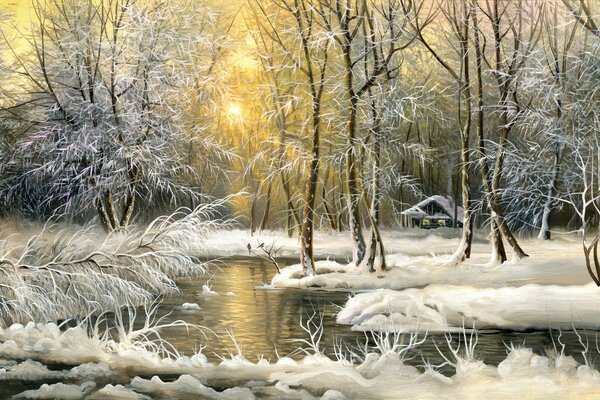 Fluss und Bäume in einer Winterlandschaft