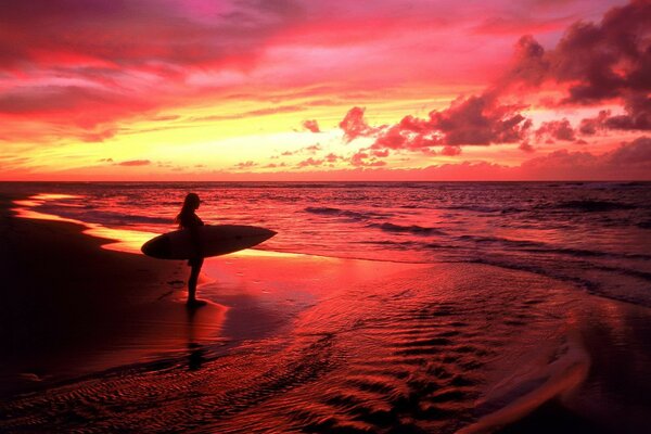 Surfeur femelle se trouve au coucher du soleil au bord de la mer