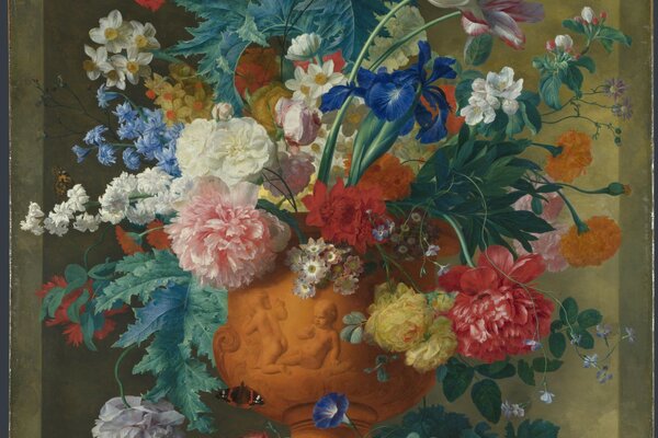 Pittura di fiori in vaso e uva