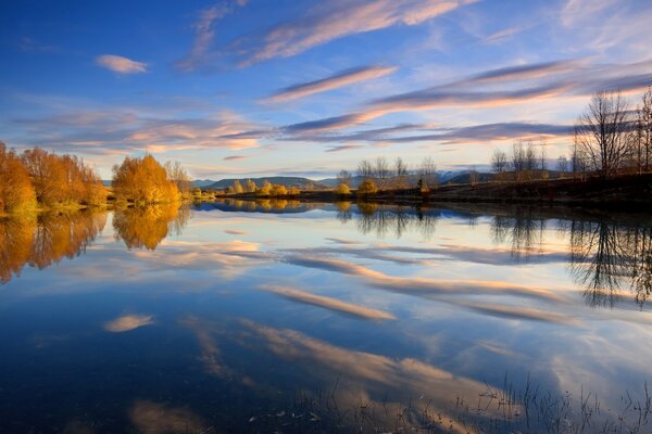 Clouds and trees are reflected in the lake