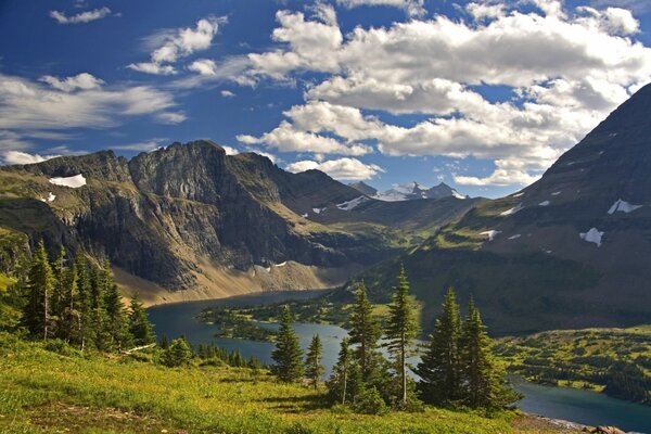 A river in the mountains with green trees and blue sky