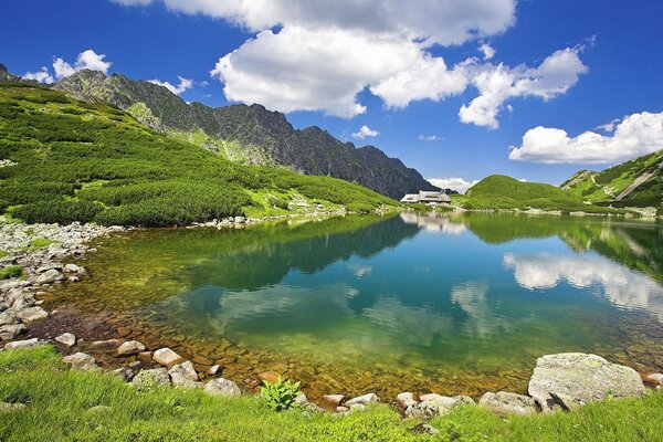 Montañas reflejadas en el lago