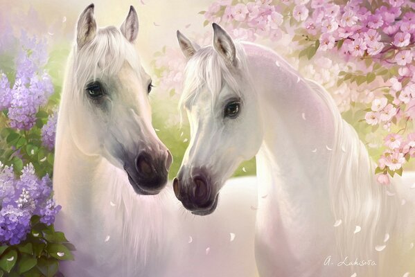 A pair of painted horses among cherry blossoms and lilacs