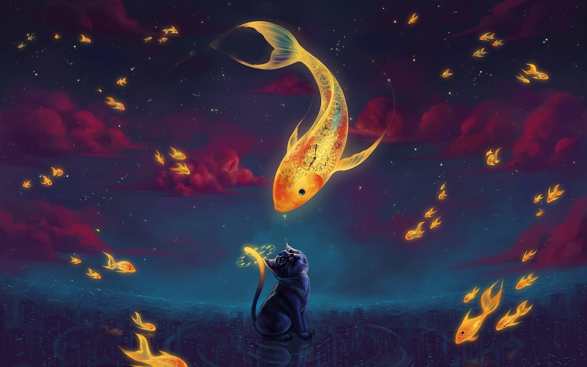 chat art cadran poisson rouge ville fantaisie nuages horloge poisson nuit