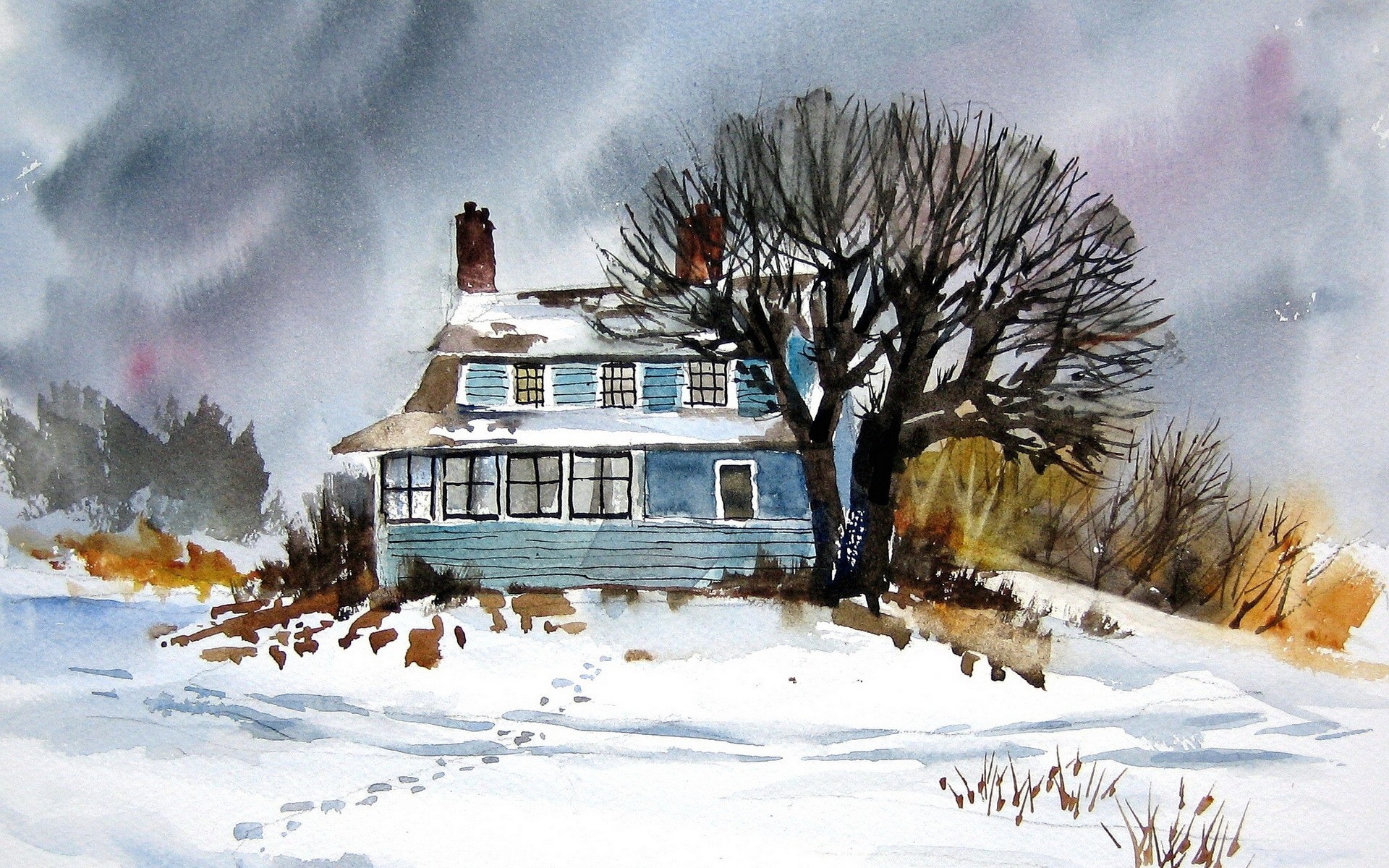 landscape house watercolor