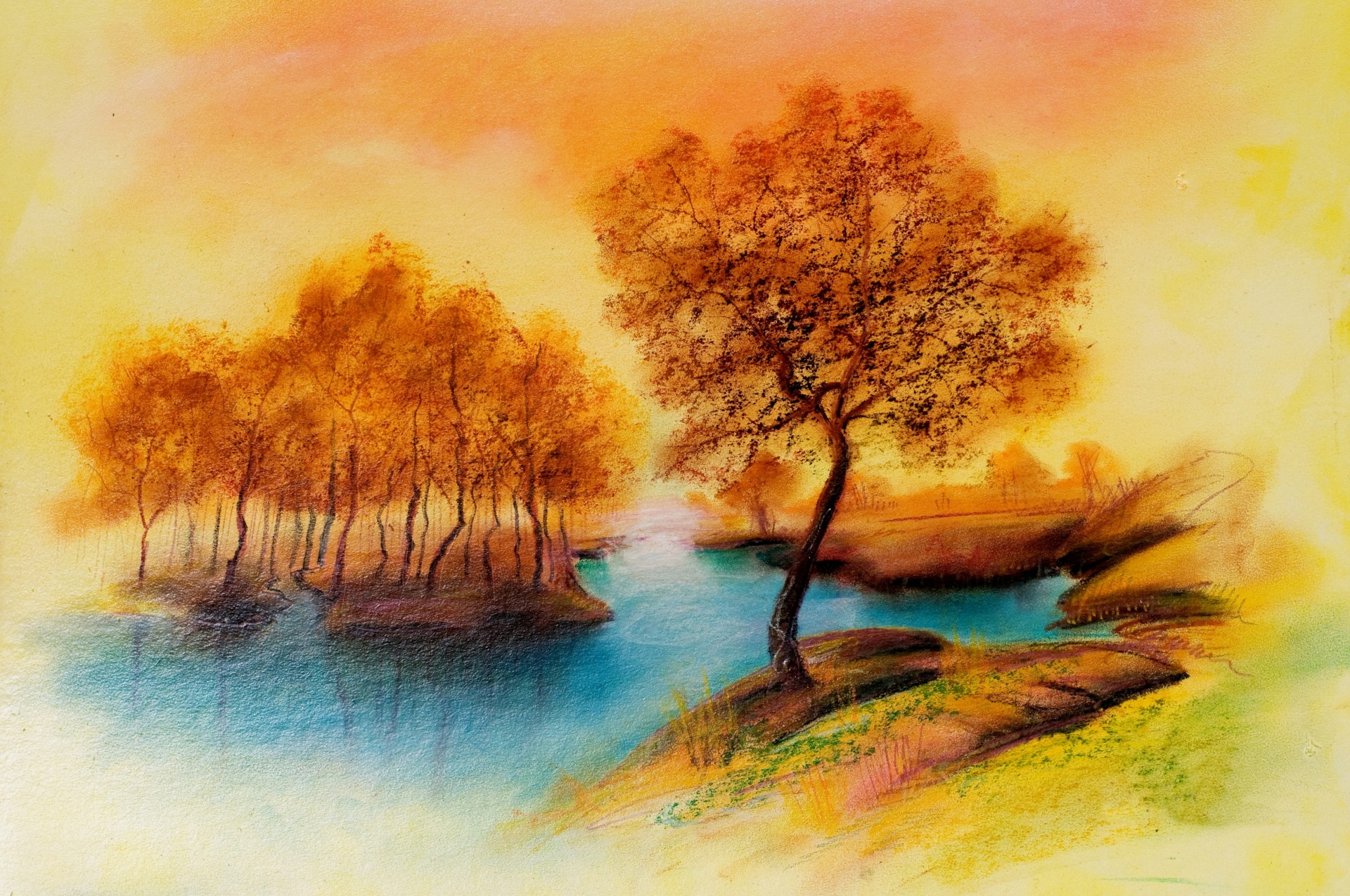 paesaggio fiume alberi disegno autunno silenzio