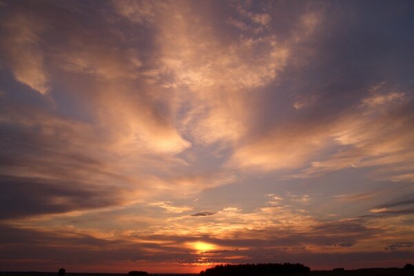 Purpurroter Sonnenaufgang und gefiederte Wolken