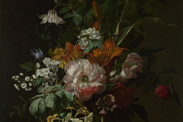 Peinture avec des fleurs dans un vase. Image sombre