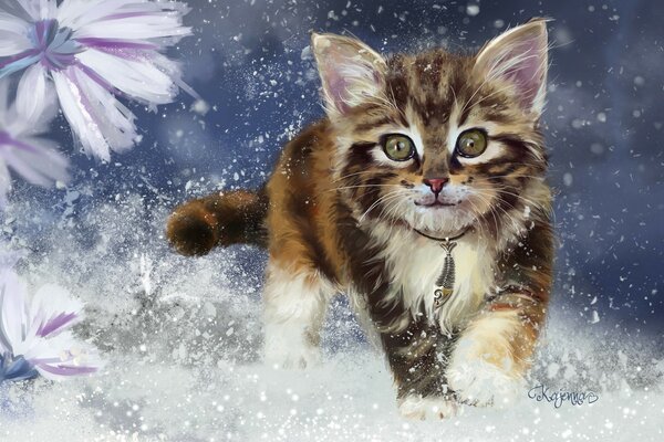 Cute cat walking in the snow