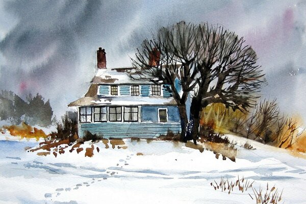 Painted blue house in winter