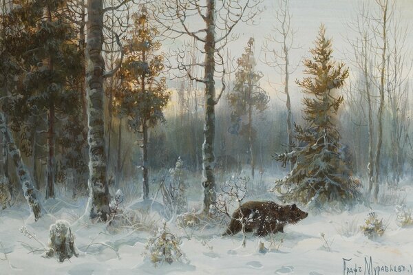 Painting bear in the winter forest