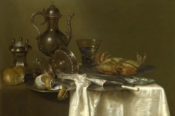 Still life with crab, lemon and glasses