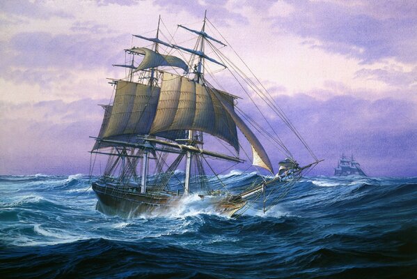 Dessin d un navire avec des voiles dans l océan sur une vague dans une tempête
