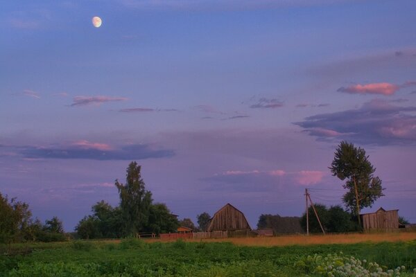 The night sky in the village, illuminated by the moon