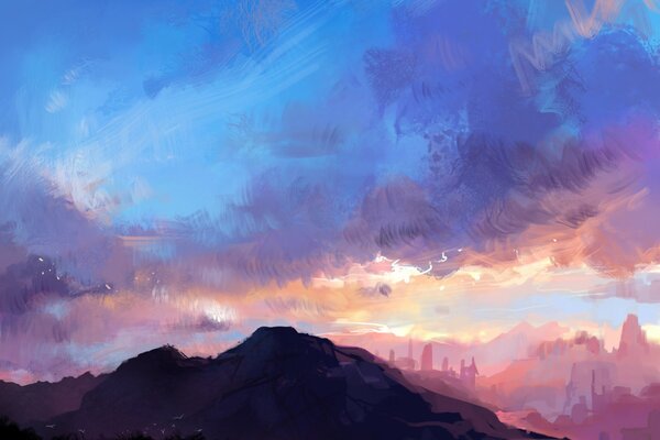 Beautiful painted landscape of sky and mountains