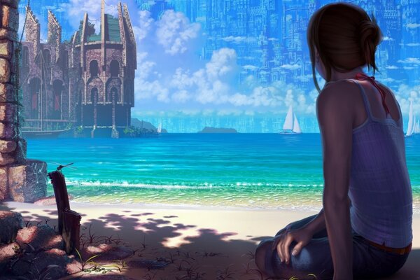 Dziewczyna na plaży patrzy na zamek