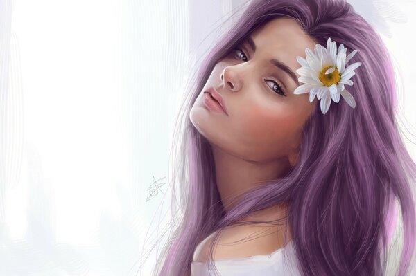 Beautiful girl with purple hair and a daisy