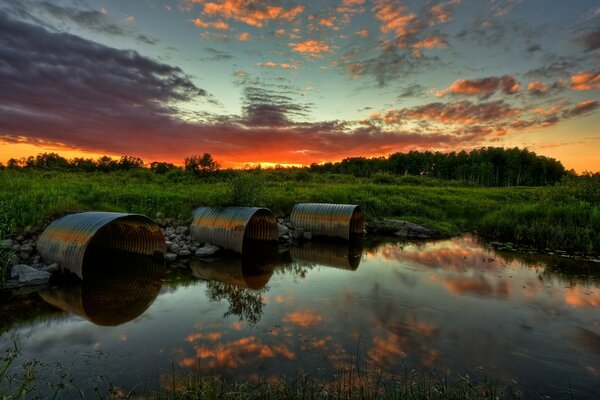 Sunset is reflected in the forest swamp