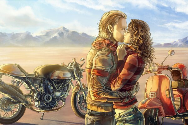 Pareja joven enamorada y motocicletas